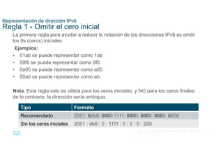 9
© 2021 Cisco y/o sus filiales. Todos los derechos reservados. Información
confidencial de Cisco
Representación de dirección IPv6
Regla 1 - Omitir el cero inicial
La primera regla para ayudar a reducir la notación de las direcciones IPv6 es omitir
los 0s (ceros) iniciales.
Ejemplos:
• 01ab se puede representar como 1ab
• 09f0 se puede representar como 9f0
• 0a00 se puede representar como a00
• 00ab se puede representar como ab
Nota: Esta regla solo es válida para los ceros iniciales, y NO para los ceros finales;
de lo contrario, la dirección sería ambigua.
Tipo Formato
Recomendado 2001: 0db8: 0000:1111: 0000: 0000: 0000: 0200
Sin los ceros iniciales 2001 : db8 : 0 : 1111 : 0 : 0 : 0 : 200
 