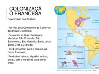 COLONIZAÇÃ
O FRANCESA
Colonização das Antilhas:
•Foi feita pela Companhia de Comércio
das Indias Ocidentais;
•Ocuparam as ilhas: Guadalupe,
Martinica, São Cristovão, São
Bartolomeu, São Martinho, Santa Lucia,
Santa Cruz e Granada;
•1674- passaram para o domínio da
Coroa Francesa;
•Produziam tabaco, algodão, açúcar,
cacau, café e madeiras para extrair
tintas.
 