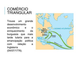 COMÉRCIO
TRIANGULAR
Trouxe um grande
desenvolvimento
econômico e o
enriquecimento da
burguesia que mais
tarde lutaria para a
emancipação política
com relação a
Inglaterra
(04/07/1776).
 