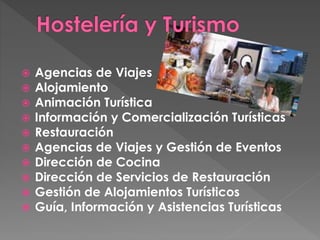  Agencias de Viajes
 Alojamiento
 Animación Turística
 Información y Comercialización Turísticas
 Restauración
 Agencias de Viajes y Gestión de Eventos
 Dirección de Cocina
 Dirección de Servicios de Restauración
 Gestión de Alojamientos Turísticos
 Guía, Información y Asistencias Turísticas
 