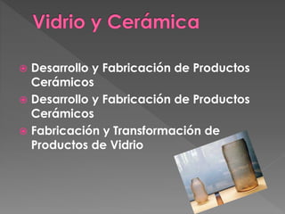  Desarrollo y Fabricación de Productos
Cerámicos
 Desarrollo y Fabricación de Productos
Cerámicos
 Fabricación y Transformación de
Productos de Vidrio
 