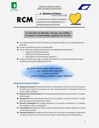 Customer Relationships
Se describen las diferentes relaciones que establece
la empresa con determinados segmentos de mercado.
 Las empresas definen el tipo de relación que desean establecer con cada segmento de
mercado.
 Puede ser relación personal o automatizada.
 Dichas relaciones pueden estar basadas en los siguientes fundamentos:
o Captación de Clientes/Usuarios.
o Fidelización de Clientes/Usuarios.
o Estimulación de Ventas (Venta sugestiva.)
 El tipo de relación que exige el modelo de negocio de una empresa responde en gran
medida en la experiencia global del cliente.
¿Qué tipo de relación esperan nuestros clientes?
¿Qué relaciones hemos establecido?
¿Cuánto nos cuestan?
¿Cómo se integran en el modelo de negocio establecido?
 Asistencia Personal  Interacción humana. Comunicación real con el centro de servicio
al cliente para asesoría en proceso de venta posteriormente. Por ejemplo: Puntos de
Venta, E-Mail, Callcenter.
 Asistencia Personal Exclusiva  Un representante se dedica exclusivamente a un cliente
determinado.
 Autoservicio  No hay relación directa con los usuarios, se brindan todos los medios
para que cada uno consuma lo que desea.
 Servicios Automáticos  Cambia autoservicio en procesos automáticos. Por ejemplo:
Recomendar un libro o una película.
 Comunidades  Manejo de redes sociales online para atraer clientes fidelizarlos y tener
un contacto personal.
 Creación Colectiva  Colaboración delcliente para crear valor. Por ejemplo: Comentarios
a artículos o servicios, en YouTube crear videos y contenidos para consumo público.
 