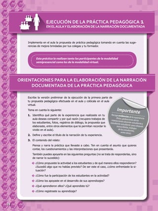 74
Implementa en el aula la propuesta de práctica pedagógica tomando en cuenta las suge-
rencias de mejora brindadas por tus colegas y tu formador.
EJECUCIÓN DE LA PRÁCTICA PEDAGÓGICA 1
EN ELAULAY ELABORACIÓN DE LA NARRACIÓN DOCUMENTADA
Esta práctica la realizan tanto los participantes de la modalidad
semipresencial como los de la modalidad virtual.
Orientaciones para la elaboración de la narración
documentada de la práctica pedagógica
Escribe la versión preliminar de la ejecución de la primera parte de
tu propuesta pedagógica efectuada en el aula y colócala en el aula
virtual.
Toma en cuenta lo siguiente:
1.	 Identifica qué parte de la experiencia que realizaste en tu
aula deseas compartir y por qué razón (recupera trabajos de
los estudiantes, fotos, registros de diálogo, la propuesta que
elaboraste, entre otros elementos que te permitan recordar lo
vivido en el aula).
2. Define y escribe el título de la narración de tu experiencia.
3. El contenido del relato:
	 Piensa y narra la práctica que llevaste a cabo. Ten en cuenta el asunto que quieres
contar, los cuestionamientos y las interpretaciones que presentarás.
	 También puedes apoyarte en las siguientes preguntas (no se trata de responderlas, sino
de narrar lo sucedido):
	¿Cómo propusiste la actividad a los estudiantes y de qué manera ellos respondieron?
¿Sucedió algo que no habías previsto? De ser este el caso, ¿cómo enfrentaste la si-
tuación?
	¿Cómo fue la participación de los estudiantes en la actividad?
	¿Cómo los apoyaste en el desarrollo de sus aprendizajes?
	¿Qué aprendieron ellos? ¿Qué aprendiste tú?
	¿Cómo registraste su aprendizaje?
Recogeevidenciasdelaexperiencia(fotos,grabacionesdelasinteraccionesdocente-estudianteyestudiante-estudiante paradespuéstranscribirlas,trabajosdelosestudiantes,
entreotras).
Importante
 