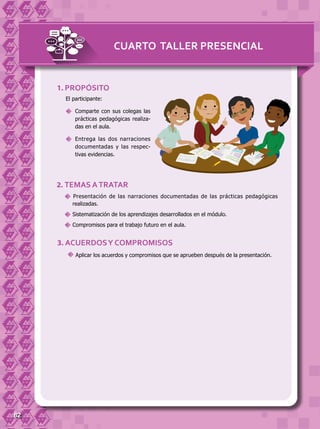 82
El participante:
	 Comparte con sus colegas las
prácticas pedagógicas realiza-
das en el aula.
	 Entrega las dos narraciones
documentadas y las respec-
tivas evidencias.
1. PROPÓSITO
2. TEMAS ATRATAR
Presentación de las narraciones documentadas de las prácticas pedagógicas
realizadas.
	Sistematización de los aprendizajes desarrollados en el módulo.
	Compromisos para el trabajo futuro en el aula.
3. ACUERDOSY COMPROMISOS
	Aplicar los acuerdos y compromisos que se aprueben después de la presentación.
CUARTO TALLER PRESENCIAL
 
