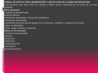 MATERIAL DE APOYO PARA GENERACIÓN Y SELECCIÓN DE LA IDEA DE NEGOCIOS
Elija los factores que debe tener en cuenta o tienen mayor relevancia en el inicio de su idea
empresarial
Análisis personal:
Circunstancias profesionales
Experiencia laboral
Conocimientos adquiridos y formación académica
Circunstancias personales
Conocimientos técnicos que se tengan de un mercado, sectores o negocios concretos
Aptitudes y habilidades
Aficiones, viajes, hobbies y deportes
Cambios en el mercado:
Los sectores empresariales
El mercado
La producción
La distribución
La comercialización
La financiación
El servicio postventa
 