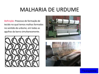MALHARIA DE URDUME
Definição: Processo de formação de
tecido no qual temos malhas formadas
no sentido do urdume, em todas as
agulhas da barra simultaneamente.
Fluxograma
 