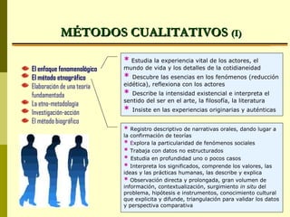El enfoque fenomenológico
El método etnográfico
Elaboración de una teoría
fundamentada
La etno-metodología
Investigación-acción
El método biográfico
MÉTODOS CUALITATIVOSMÉTODOS CUALITATIVOS (I)(I)
* Estudia la experiencia vital de los actores, el
mundo de vida y los detalles de la cotidianeidad
* Descubre las esencias en los fenómenos (reducción
eidética), reflexiona con los actores
* Describe la intensidad existencial e interpreta el
sentido del ser en el arte, la filosofía, la literatura
* Insiste en las experiencias originarias y auténticas
* Registro descriptivo de narrativas orales, dando lugar a
la confirmación de teorías
* Explora la particularidad de fenómenos sociales
* Trabaja con datos no estructurados
* Estudia en profundidad uno o pocos casos
* Interpreta los significados, comprende los valores, las
ideas y las prácticas humanas, las describe y explica
* Observación directa y prolongada, gran volumen de
información, contextualización, surgimiento in situ del
problema, hipótesis e instrumentos, conocimiento cultural
que explicita y difunde, triangulación para validar los datos
y perspectiva comparativa
 