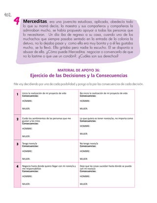 102
MATERIAL DE APOYO 36:
Ejercicio de las Decisiones y la Consecuencias
Me voy decidiendo por una de cada posibilidad y pongo a la par las consecuencias de cada decisión.
Inicio la realización de mi proyecto de vida
Consecuencias:
HOMBRE:
MUJER:
No inicio la realización de mi proyecto de vida
Consecuencias:
HOMBRE:
MUJER:
Cuido los sentimientos de las personas que me
gustan y los míos
Consecuencias:
HOMBRE:
MUJER:
Lo que quiero es tener novios/as, no importa como
Consecuencias:
HOMBRE:
MUJER:
Tengo novio/a
Consecuencias:
HOMBRE:
MUJER:
No tengo novio/a
Consecuencias:
HOMBRE:
MUJER:
Negocio hasta donde quiero llegar con mi novio/a y
me responsabilizo
Consecuencias:
HOMBRE:
MUJER:
Dejo que las cosas sucedan hasta donde se pueda
con mi novio/a
Consecuencias:
HOMBRE:
MUJER:
4
Merceditas, era una jovencita estudiosa, aplicada, obedecía todo
lo que su mamá decía, la maestra y sus compañeros y compañeras la
admiraban mucho, se había propuesto apoyar a todas las personas que
lo necesitaran. Un día iba de regreso a su casa, cuando uno de los
muchachos que siempre pasaba sentado en la entrada de la colonia la
detuvo, no la dejaba pasar y como ella era muy bonita y a él les gustaba
mucho, se la llevó. Ella gritaba pero nadie la escucho. El se disponía a
abusar de ella. ¿Cómo puede Merceditas negociar o convencerlo de que
no la lastime o que use un condón?. ¿Cuáles son sus derechos?
4
1
2
3
 