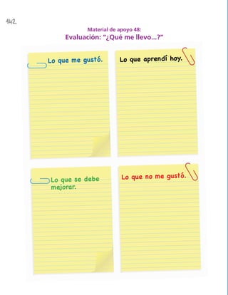 142
Lo que me gustó. Lo que aprendí hoy.
Lo que se debe
mejorar.
Lo que no me gustó.
Material de apoyo 48:
Evaluación: “¿Qué me llevo...?”
 