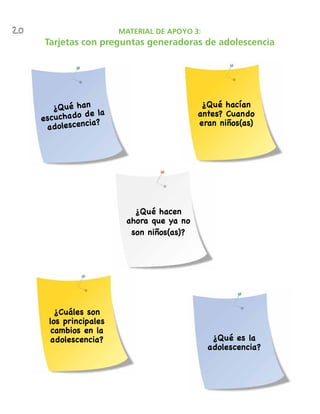 20 MATERIAL DE APOYO 3:
Tarjetas con preguntas generadoras de adolescencia
¿Cuáles son
los principales
cambios en la
adolescencia?
¿Qué hacían
antes? Cuando
eran niños(as)
¿Qué han
escuchado de la
adolescencia?
¿Qué es la
adolescencia?
¿Qué hacen
ahora que ya no
son niños(as)?
 