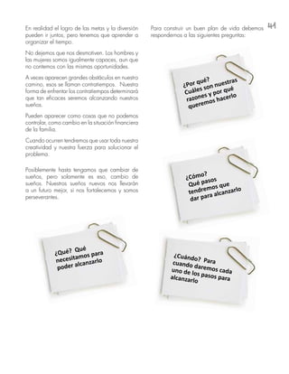 41En realidad el logro de las metas y la diversión
pueden ir juntos, pero tenemos que aprender a
organizar el tiempo.
No dejemos que nos desmotiven. Los hombres y
las mujeres somos igualmente capaces, aun que
no contemos con las mismas oportunidades.
A veces aparecen grandes obstáculos en nuestro
camino, esos se llaman contratiempos. Nuestra
forma de enfrentar los contratiempos determinará
que tan eficaces seremos alcanzando nuestros
sueños.
Pueden aparecer como cosas que no podemos
controlar, como cambio en la situación financiera
de la familia.
Cuando ocurren tendremos que usar toda nuestra
creatividad y nuestra fuerza para solucionar el
problema.
Posiblemente hasta tengamos que cambiar de
sueños, pero solamente es eso, cambio de
sueños. Nuestros sueños nuevos nos llevarán
a un futuro mejor, si nos fortalecemos y somos
perseverantes.
Para construir un buen plan de vida debemos
respondernos a las siguientes preguntas:
¿Qué? Qué
necesitamos para
poder alcanzarlo
¿Por qué?
Cuáles son nuestras
razones y por qué
queremos hacerlo
¿Cómo?
Qué pasos
tendremos que
dar para alcanzarlo
¿Cuándo? Paracuando daremos cadauno de los pasos paraalcanzarlo
 
