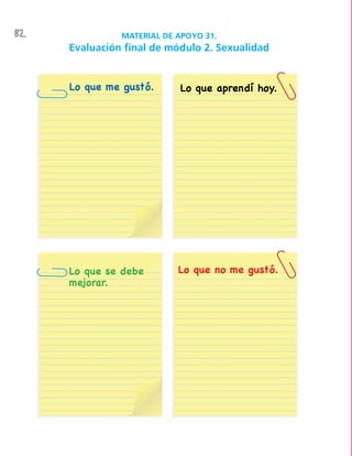 82
Lo que me gustó. Lo que aprendí hoy.
Lo que se debe
mejorar.
Lo que no me gustó.
MATERIAL DE APOYO 31.
Evaluación final de módulo 2. Sexualidad
 