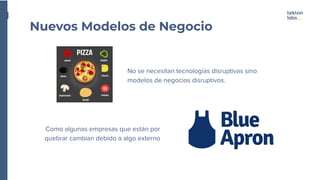No se necesitan tecnologías disruptivas sino
modelos de negocios disruptivos.
Nuevos Modelos de Negocio
Como algunas empresas que están por
quebrar cambian debido a algo externo
 