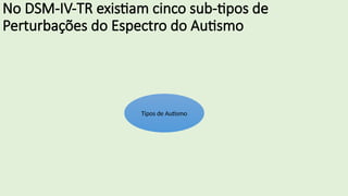 No DSM-IV-TR existiam cinco sub-tipos de
Perturbações do Espectro do Autismo
Tipos de Autismo
 