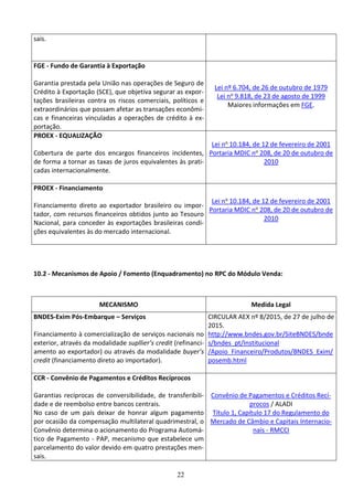 22
sais.
FGE - Fundo de Garantia à Exportação
Garantia prestada pela União nas operações de Seguro de
Crédito à Exportação (SCE), que objetiva segurar as expor-
tações brasileiras contra os riscos comerciais, políticos e
extraordinários que possam afetar as transações econômi-
cas e financeiras vinculadas a operações de crédito à ex-
portação.
Lei nº 6.704, de 26 de outubro de 1979
Lei no 9.818, de 23 de agosto de 1999
Maiores informações em FGE.
PROEX - EQUALIZAÇÃO
Cobertura de parte dos encargos financeiros incidentes,
de forma a tornar as taxas de juros equivalentes às prati-
cadas internacionalmente.
Lei no 10.184, de 12 de fevereiro de 2001
Portaria MDIC no 208, de 20 de outubro de
2010
PROEX - Financiamento
Financiamento direto ao exportador brasileiro ou impor-
tador, com recursos financeiros obtidos junto ao Tesouro
Nacional, para conceder às exportações brasileiras condi-
ções equivalentes às do mercado internacional.
Lei no 10.184, de 12 de fevereiro de 2001
Portaria MDIC no 208, de 20 de outubro de
2010
10.2 - Mecanismos de Apoio / Fomento (Enquadramento) no RPC do Módulo Venda:
MECANISMO Medida Legal
BNDES-Exim Pós-Embarque – Serviços
Financiamento à comercialização de serviços nacionais no
exterior, através da modalidade supllier’s credit (refinanci-
amento ao exportador) ou através da modalidade buyer’s
credit (financiamento direto ao importador).
CIRCULAR AEX nº 8/2015, de 27 de julho de
2015.
http://www.bndes.gov.br/SiteBNDES/bnde
s/bndes_pt/Institucional
/Apoio_Financeiro/Produtos/BNDES_Exim/
posemb.html
CCR - Convênio de Pagamentos e Créditos Recíprocos
Garantias recíprocas de conversibilidade, de transferibili-
dade e de reembolso entre bancos centrais.
No caso de um país deixar de honrar algum pagamento
por ocasião da compensação multilateral quadrimestral, o
Convênio determina o acionamento do Programa Automá-
tico de Pagamento - PAP, mecanismo que estabelece um
parcelamento do valor devido em quatro prestações men-
sais.
Convênio de Pagamentos e Créditos Recí-
procos / ALADI
Título 1, Capítulo 17 do Regulamento do
Mercado de Câmbio e Capitais Internacio-
nais - RMCCI
 