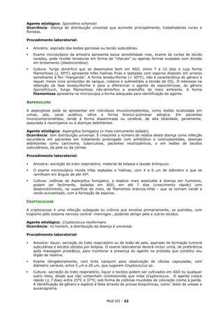 Mod VII - 22
Agente etiológico: Sporothrix schenckii
Ocorrência: doença de distribuição universal que acomete principalmente, trabalhadores rurais e
floristas.
Procedimento laboratorial:
Amostra: aspirado das lesões gomosas ou tecido subcutâneo.
Exame microscópico da amostra apresenta baixa sensibilidade mas, exame de cortes de tecido
corados, pode revelar leveduras em forma de “charuto” ou apenas formas ovaladas com divisão
em brotamento (blastoconídios).
Cultura: fungo dimórfico que se desenvolve bem em ASD, entre 7 a 12 dias e cuja forma
filamentosa (< 30°C) apresenta hifas hialinas finas e septadas com esporos disposto em arranjo
semelhante à flor "margarida". A forma leveduriforme (> 30°C), não é característica do gênero e
requer meios ricos acrescidos de sangue, cisteina e submetidos a tensão de CO2. O interesse na
obtenção da fase leveduriforme é para a diferenciar o agente da esporotricose, do gênero
Sporothricum, fungo filamentoso não-dimórfico e anemófilo de meio ambiente. A forma
filamentosa apresenta na microscopia a forma adequada para identificação do agente.
ASPERGILOSE
A aspergilose pode se apresentar em indivíduos imunocompetentes, como lesões localizadas em
unhas, pés, canal auditivo, olhos e forma bronco-pulmonar alérgica. Em pacientes
imunocomprometidos, tende à forma disseminada ou cerebral, de alta letalidade, geralmente,
associada a neutropenia ou à doenças debilitantes.
Agente etiológico: Aspergillus fumigatus (o mais comumente isolado)
Ocorrência: tem distribuição universal. É crescente o número de relatos desta doença como infecção
secundária em pacientes em tratamento prolongado com antibiótico e corticosteróides, doenças
debilitantes como carcinoma, tuberculose, pacientes neutropênicos, e em lesões de tecidos
subcutâneos, da pele ou da córnea.
Procedimento laboratorial:
Amostra: secreção do trato respiratório, material de biópsia e lavado brônquico.
O exame microscópico revela hifas septadas e hialinas, com 4 a 6 µm de diâmetro e que se
ramificam em ângulo de até 45º.
Cultura: colônias de Aspergillus fumigatus, a espécie mais associada à doença em humanos,
podem ser facilmente, isoladas em ASD, em até 7 dias (crescimento rápido) com
desenvolvimento, na superfície do meio, de filamentos brancos-hifas - que se tornam verde a
verde-acinzentado, com a formação de esporos.
CRIPTOCOCOSE
A criptococose é uma infecção subaguda ou crônica que envolve primariamente, os pulmões, com
tropismo pelo sistema nervoso central -meninges-, podendo atingir pele e outros tecidos.
Agente etiológico: Cryptococcus neoformans
Ocorrência: no homem, a distribuição da doença é universal.
Procedimento laboratorial:
Amostra: líquor, secreção do trato respiratório ou de lesão de pele, aspirado de formação tumoral
subcutânea e tecidos obtidos por biópsia. O exame laboratorial deverá incluir urina, de preferência
após massagem prostática, para monitorar a presença do agente na próstata que constitui seu
órgão de reserva.
Exame obrigatoriamente, com tinta nanquim para observação de células capsuladas, com
diâmetro variável, entre 5 µm a 20 µm, que sugerem Cryptococcus sp.
Cultura: secreção do trato respiratório, líquor e tecidos podem ser cultivados em ASD ou qualquer
outro meio, desde que não contenham cicloheximida que inibe Cryptococcus. O agente cresce
rápido (< 7 dias) entre 25°C e 37°C, sob forma de colônias mucóides de coloração creme à parda.
A identificação de gênero e espécie é feita através de provas bioquímicas, como: teste da urease e
auxanograma.
 