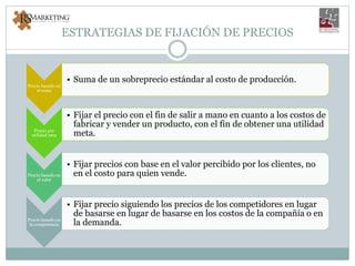 ESTRATEGIAS DE FIJACIÓN DE PRECIOS
Precio basado en
el costo
• Suma de un sobreprecio estándar al costo de producción.
Precio por
utilidad neta
• Fijar el precio con el fin de salir a mano en cuanto a los costos de
fabricar y vender un producto, con el fin de obtener una utilidad
meta.
Precio basado en
el valor
• Fijar precios con base en el valor percibido por los clientes, no
en el costo para quien vende.
Precio basado en
la competencia
• Fijar precio siguiendo los precios de los competidores en lugar
de basarse en lugar de basarse en los costos de la compañía o en
la demanda.
 