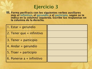 Ejercicio 3 III.  Forma perífrasis con los siguientes verbos   auxiliares más el  infinitivo , el  gerundio  o el  participio,  según se te indica en la columna izquierda. Escribe tus respuestas en la columna de la derecha.   1. Estar + gerundio  2. Tener que + infinitivo 3. Tener + participio  4. Andar + gerundio  5.  Traer + participio  6. Ponerse a + infinitivo 