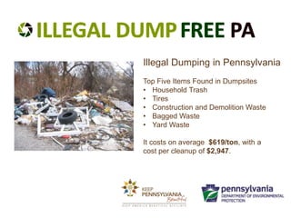 Illegal Dumping in Pennsylvania
Top Five Items Found in Dumpsites
• Household Trash
• Tires
• Construction and Demolition Waste
• Bagged Waste
• Yard Waste
It costs on average $619/ton, with a
cost per cleanup of $2,947.
 