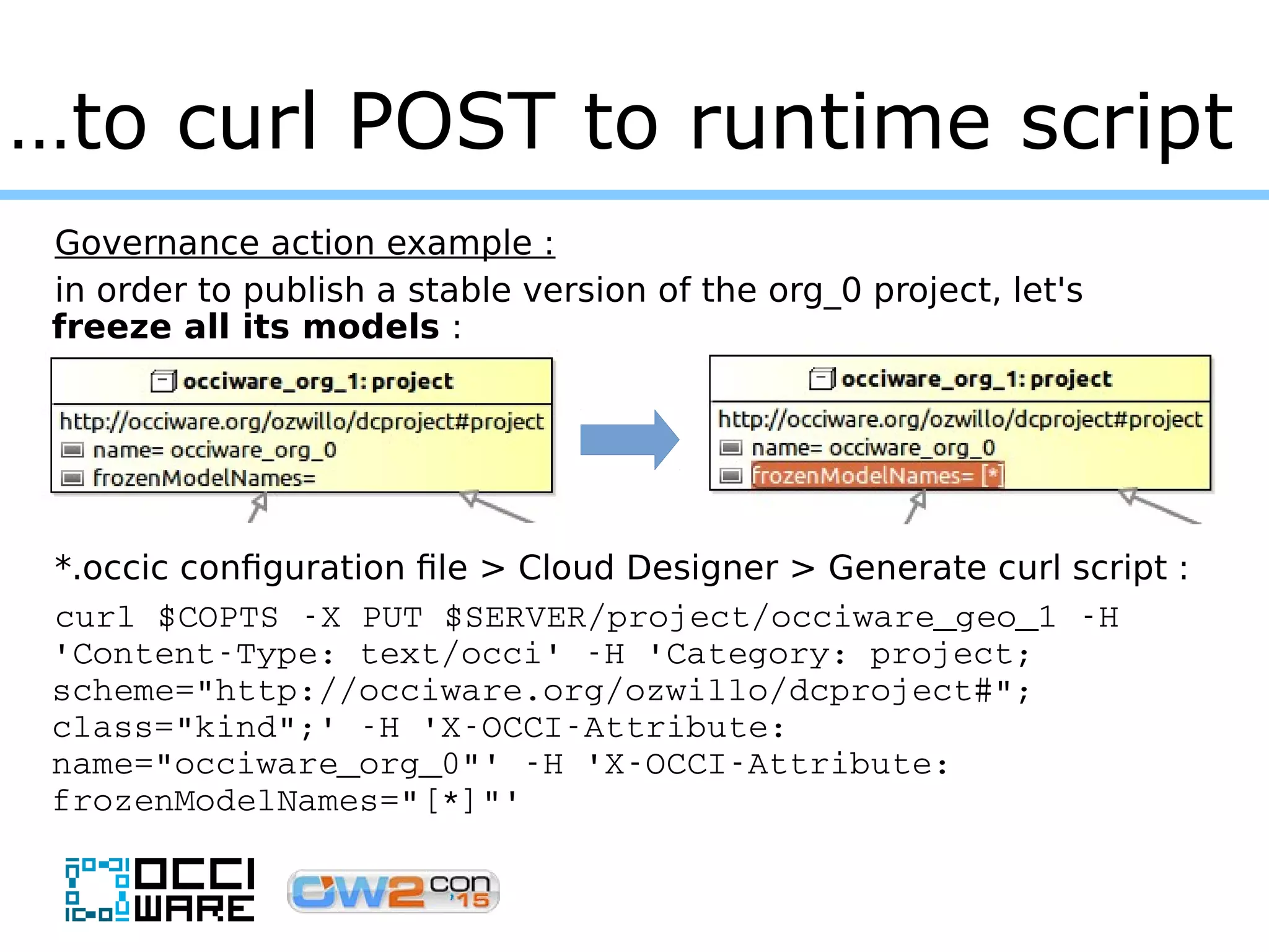 …to curl POST to runtime script
Governance action example :
in order to publish a stable version of the org_0 project, let's
freeze all its models :
*.occic configuration file > Cloud Designer > Generate curl script :
curl $COPTS ­X PUT $SERVER/project/occiware_geo_1 ­H 
'Content­Type: text/occi' ­H 'Category: project; 
scheme="http://occiware.org/ozwillo/dcproject#"; 
class="kind";' ­H 'X­OCCI­Attribute: 
name="occiware_org_0"' ­H 'X­OCCI­Attribute: 
frozenModelNames="[*]"'
 