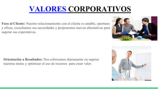 VALORES CORPORATIVOS
Foco al Cliente: Nuestro relacionamiento con el cliente es amable, oportuno
y eficaz, escuchamos sus necesidades y proponemos nuevas alternativas para
superar sus expectativas.
Orientación a Resultados: Nos esforzamos diariamente en superar
nuestras metas y optimizar el uso de recursos para crear valor.
 