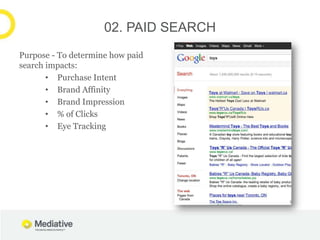 02. PAID SEARCH
Purpose - To determine how paid
search impacts:
       • Purchase Intent
       • Brand Affinity
       • Brand Impression
       • % of Clicks
       • Eye Tracking
 