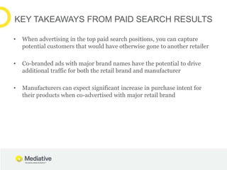 KEY TAKEAWAYS FROM PAID SEARCH RESULTS

•   When advertising in the top paid search positions, you can capture
    potential customers that would have otherwise gone to another retailer

•   Co-branded ads with major brand names have the potential to drive
    additional traffic for both the retail brand and manufacturer

•   Manufacturers can expect significant increase in purchase intent for
    their products when co-advertised with major retail brand
 