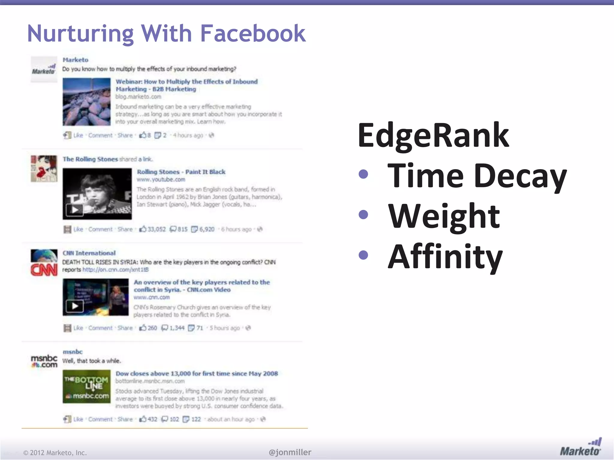 Nurturing With Facebook



                                             EdgeRank
                                             • Time Decay
                                             • Weight
                                             • Affinity



       © 2012
#RevEngine      Marketo, Inc.   @jonmiller
 