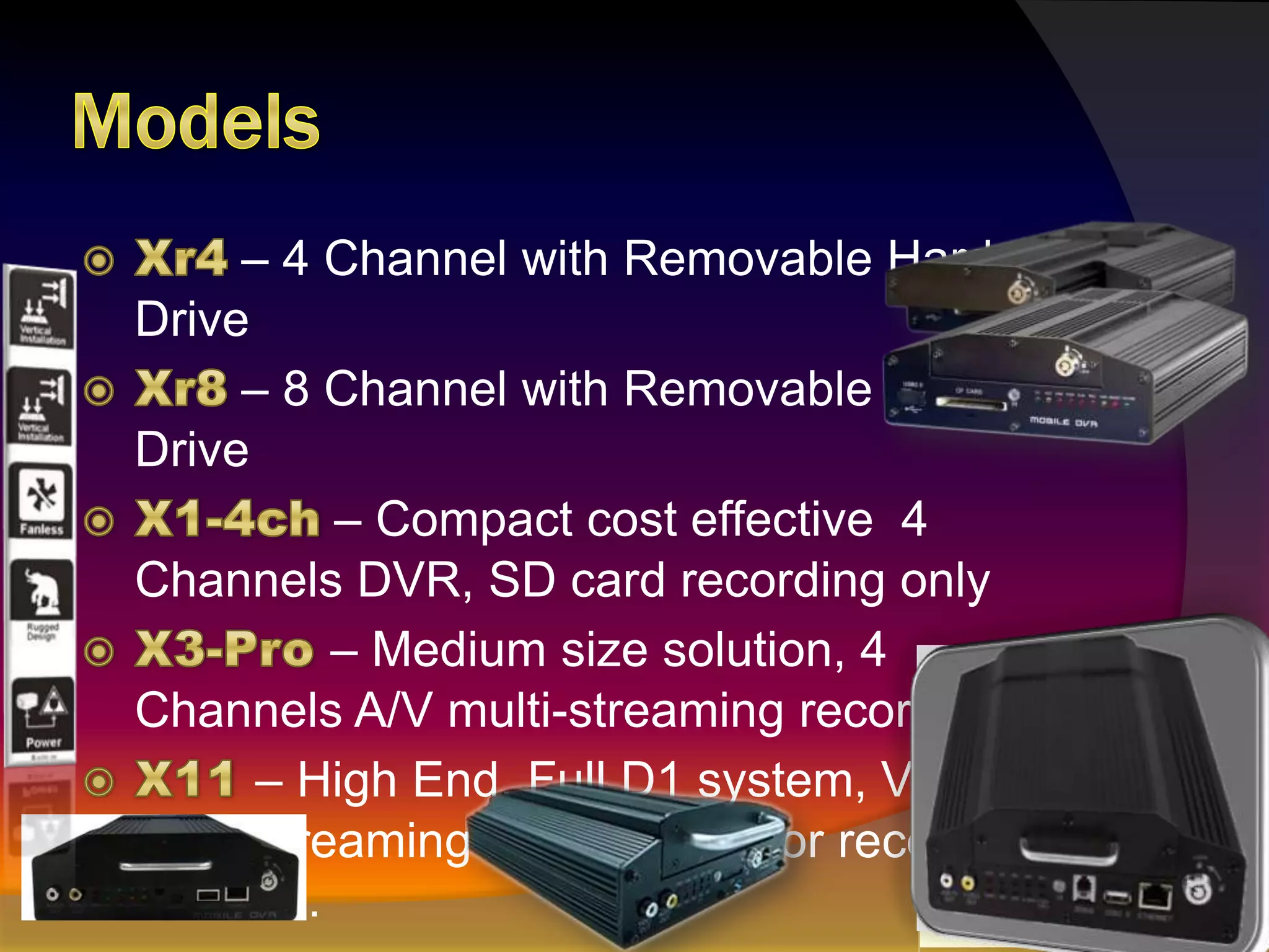 ModelsXr4– 4 Channel with Removable Hard DriveXr8– 8 Channel with Removable Hard DriveX1-4ch– Compact cost effective  4 Channels DVR, SD card recording onlyX3-Pro – Medium size solution, 4 Channels A/V multi-streaming recording.X11– High End, Full D1 system, VOIP, Multi-streaming recorder, mirror recording function.