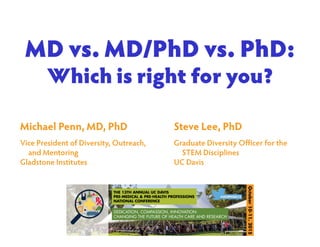 MD vs. MD/PhD vs. PhD:
Which is right for you?
Steve Lee, PhD
Graduate Diversity Officer for the
STEM Disciplines
UC Davis
Michael Penn, MD, PhD
Vice President of Diversity, Outreach,
and Mentoring
Gladstone Institutes
 