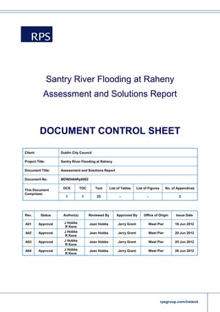 Santry River Flooding at Raheny
            Assessment and Solutions Report



          DOCUMENT CONTROL SHEET

Client:              Dublin City Council

Project Title:       Santry River Flooding at Raheny

Document Title:      Assessment and Solutions Report

Document No:         MDW0484Rp0002

                      DCS         TOC      Text       List of Tables     List of Figures        No. of Appendices
This Document
Comprises:
                        1          1        25              -                   -                      3




Rev.       Status     Author(s)         Reviewed By       Approved By        Office of Origin         Issue Date

A01       Approval     J Hobbs          Jean Hobbs         Jerry Grant              West Pier        18 Jun 2012
                       R Kane
A02       Approval     J Hobbs          Jean Hobbs         Jerry Grant              West Pier        20 Jun 2012
                       R Kane
A03       Approval     J Hobbs          Jean Hobbs         Jerry Grant              West Pier        25 Jun 2012
                       R Kane
A04       Approval     J Hobbs          Jean Hobbs         Jerry Grant              West Pier        28 Jun 2012
                       R Kane




                                                                                           rpsgroup.com/ireland
 