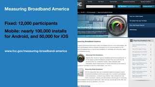Measuring Broadband America
Fixed: 12,000 participants
Mobile: nearly 100,000 installs
for Android, and 50,000 for iOS
www.fcc.gov/measuring-broadband-america
 