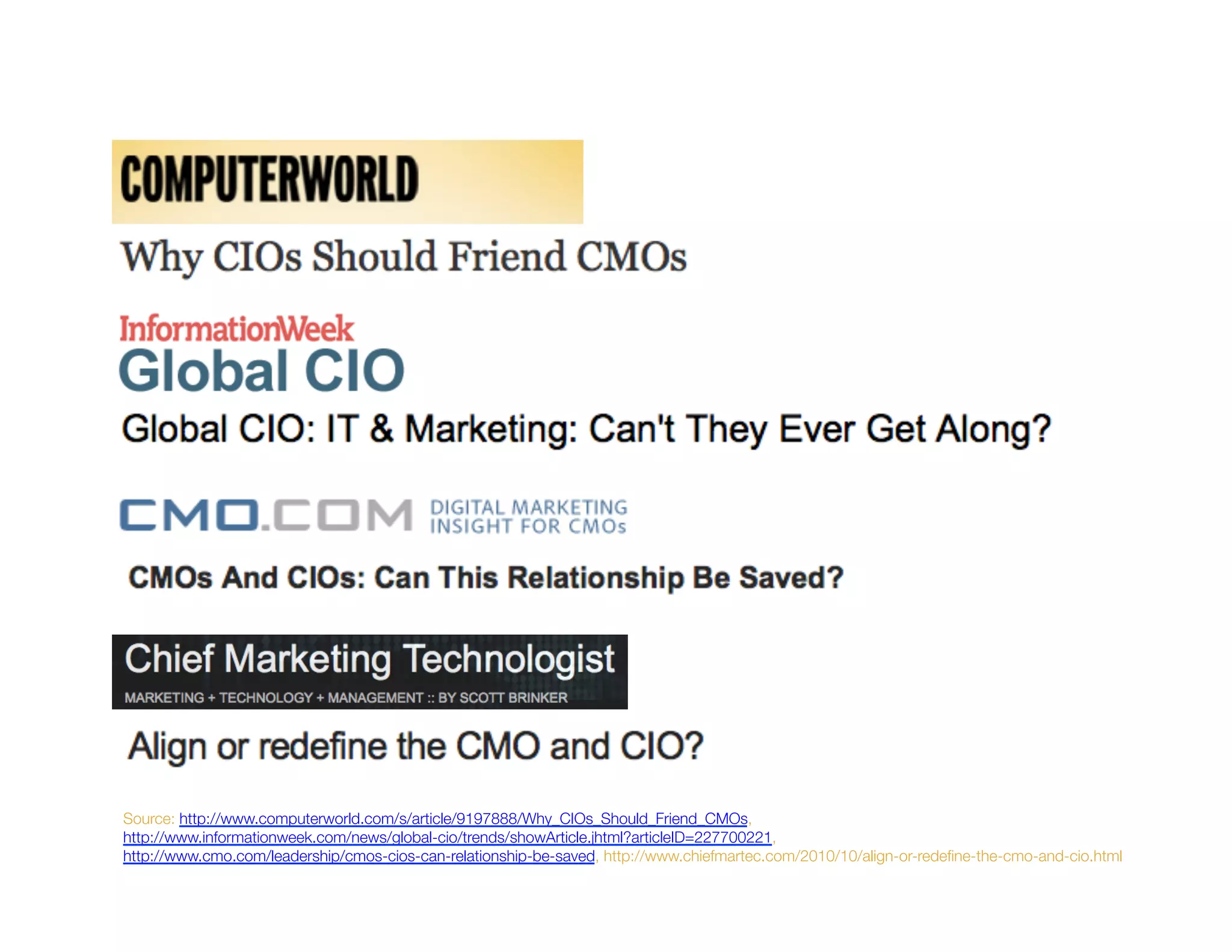 Source: http://www.computerworld.com/s/article/9197888/Why_CIOs_Should_Friend_CMOs,
http://www.informationweek.com/news/global-cio/trends/showArticle.jhtml?articleID=227700221,
http://www.cmo.com/leadership/cmos-cios-can-relationship-be-saved, http://www.chiefmartec.com/2010/10/align-or-redeﬁne-the-cmo-and-cio.html 
 