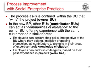 Process Improvement
with Social Enterprise Practices
   The process as-is is confined within the BU that
    “wins” the project (owner BU)
   In the new BP, other BUs (contributor BUs)
    can act as “communities of reference” to the
    owner BU, offering experience with the same
    customer or in similar areas
       Employees can declare their skills, irrespective of the
        BU where they belong, implicitly proposing
        themselves as contributors to projects in their areas
        of expertise (tacit knowledge elicitation)
       Employees can endorse colleagues, based on their
        past experience in projects (weak ties)



                                                                  26
 