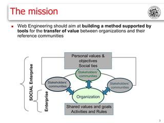 The mission
   Web Engineering should aim at building a method supported by
    tools for the transfer of value between organizations and their
    reference communities



                                                    Personal values &
                                                        objectives
         SOCIAL Enterprise




                                                       Social ties
                                                       Stakeholders’
                                                       communities

                                    Stakeholders’                       Stakeholders’
                                    communities                         communities
                             Enterprise




                                                      Organization

                                                Shared values and goals
                                                  Activities and Rules

                                                                                        3
 
