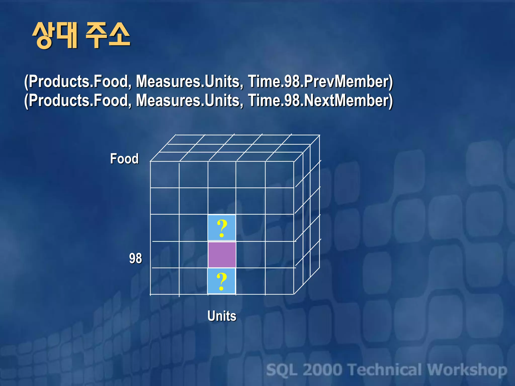98
Food
Units
?
?
(Products.Food, Measures.Units, Time.98.PrevMember)
(Products.Food, Measures.Units, Time.98.NextMember)
상대 주소
 