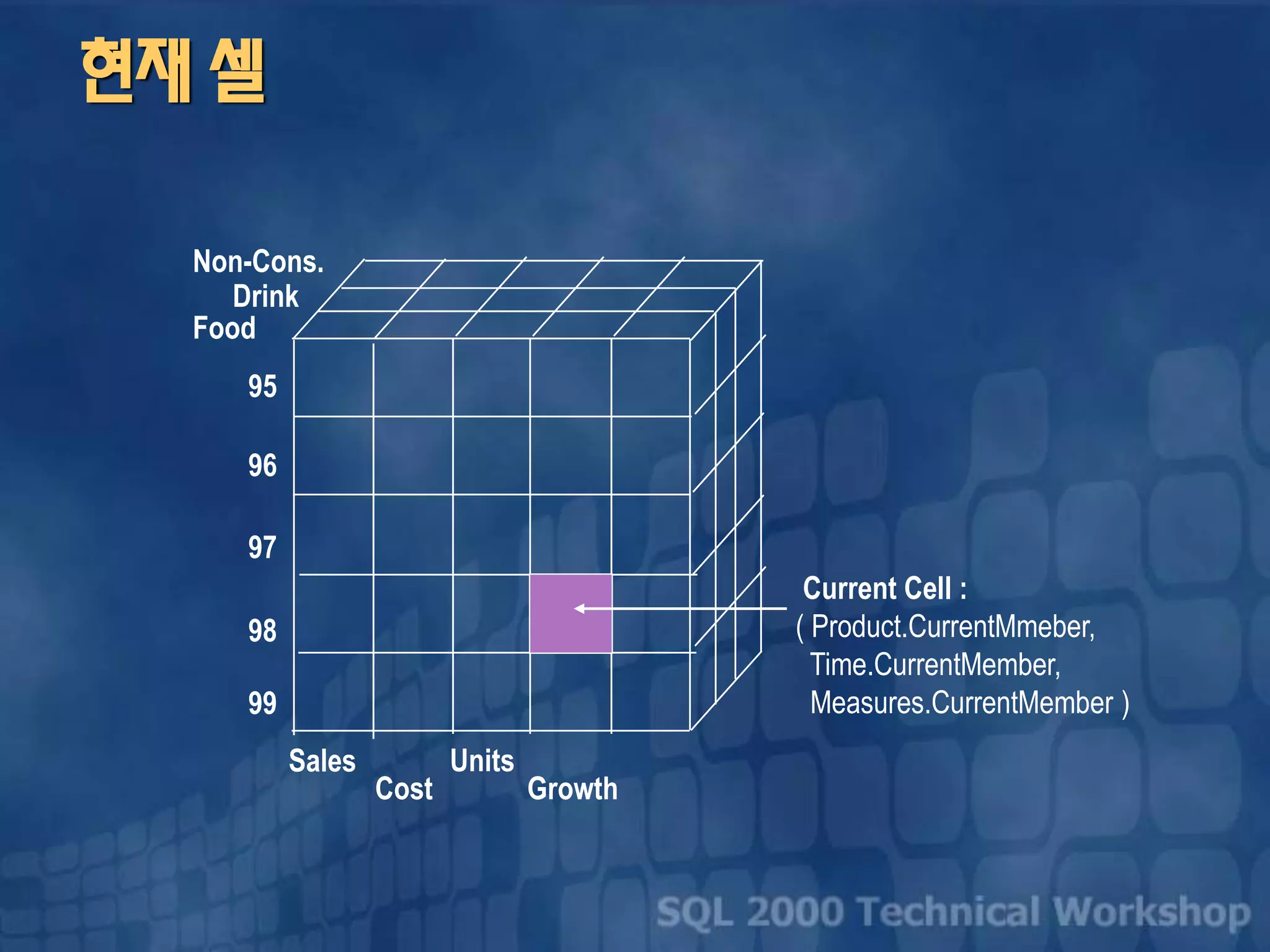 현재 셀
97
98
99
Non-Cons.
Food
Drink
96
95
Current Cell :
( Product.CurrentMmeber,
Time.CurrentMember,
Measures.CurrentMember )
Sales
Cost
Units
Growth
 