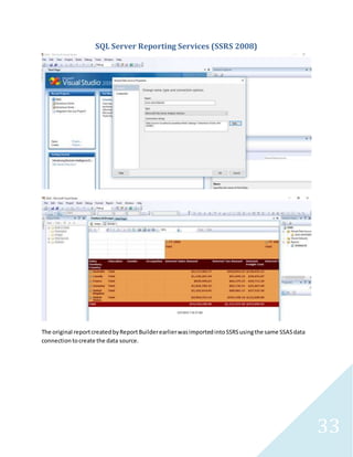 33
SQL Server Reporting Services (SSRS 2008)
The original reportcreatedbyReportBuilderearlierwasimportedintoSSRSusingthe same SSASdata
connectiontocreate the data source.
 