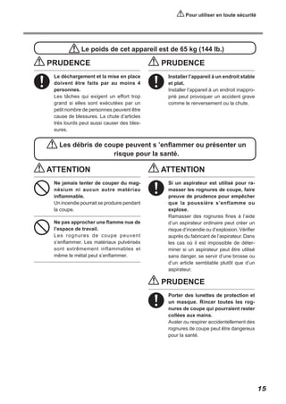 Pour utiliser en toute sécurité

Le poids de cet appareil est de 65 kg (144 lb.)

PRUDENCE
Le déchargement et la mise en place
doivent être faits par au moins 4
personnes.
Les tâches qui exigent un effort trop
grand si elles sont exécutées par un
petit nombre de personnes peuvent être
cause de blessures. La chute d’articles
très lourds peut aussi causer des blessures.

PRUDENCE
Installer l’appareil à un endroit stable
et plat.
Installer l’appareil à un endroit inapproprié peut provoquer un accident grave
comme le renversement ou la chute.

Les débris de coupe peuvent s ’enflammer ou présenter un
risque pour la santé.

ATTENTION
Ne jamais tenter de couper du magnésium ni aucun autre matériau
inflammable.
Un incendie pourrait se produire pendant
la coupe.
Ne pas approcher une flamme nue de
l’espace de travail.
Les rognures de coupe peuvent
s’enflammer. Les matériaux pulvérisés
sont extrêmement inflammables et
même le métal peut s’enflammer.

ATTENTION
Si un aspirateur est utilisé pour ramasser les rognures de coupe, faire
preuve de prudence pour empêcher
que la poussière s’enflamme ou
explose.
Ramasser des rognures fines à l’aide
d’un aspirateur ordinaire peut créer un
risque d’incendie ou d’explosion. Vérifier
auprès du fabricant de l’aspirateur. Dans
les cas où il est impossible de déterminer si un aspirateur peut être utilisé
sans danger, se servir d’une brosse ou
d’un article semblable plutôt que d’un
aspirateur.

PRUDENCE
Porter des lunettes de protection et
un masque. Rincer toutes les rognures de coupe qui pourraient rester
collées aux mains.
Avaler ou respirer accidentellement des
rognures de coupe peut être dangereux
pour la santé.

15

 