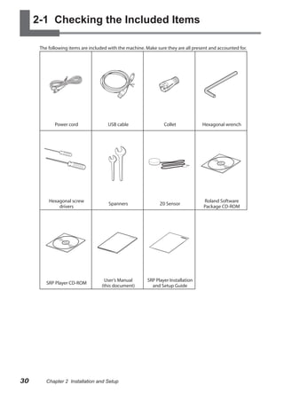 2-1 Checking the Included Items
The following items are included with the machine. Make sure they are all present and accounted for.

Power cord

Collet

Hexagonal wrench

Hexagonal screw
drivers

Spanners

Z0 Sensor

Roland Software
Package CD-ROM

SRP Player CD-ROM

30

USB cable

User’s Manual
(this document)

SRP Player Installation
and Setup Guide

Chapter 2 Installation and Setup

 