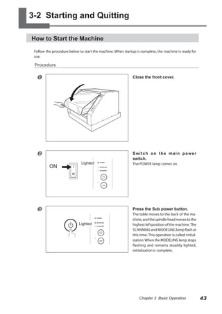 3-2 Starting and Quitting
How to Start the Machine
Follow the procedure below to start the machine. When startup is complete, the machine is ready for
use.

Procedure



Close the front cover.



Switch on the main power
switch.

ON

Lighted



The POWER lamp comes on.

Press the Sub power button.
Lighted

The table moves to the back of the machine, and the spindle head moves to the
highest left position of the machine. The
SCANNING and MODELING lamp flash at
this time. This operation is called initialization. When the MODELING lamp stops
flashing and remains steadily lighted,
initialization is complete.

Chapter 3 Basic Operation

43

 