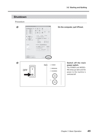 3-2 Starting and Quitting

Shutdown
Procedure



On the computer, quit VPanel.



Dark

OFF

Switch off the main
power switch.

The POWER and MODELING lamp go dark and the
power to the machine is
switched off.

Chapter 3 Basic Operation

45

 