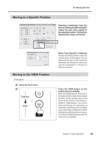 3-4 Moving the Tool

Moving to a Specific Position
Selecting a destination from the
list and clicking the [Move] button
makes the tool move rapidly to
the selected location. Clicking the
[Stop] button stops movement.

When "User Specify" Is Selected

Clicking the [Move] button makes the
window shown at left appear. You can
specify the location of the movement
destination by entering the values you
want for "Coordinates" or "Amount of
relative movement."

Moving to the VIEW Position
Procedure




Close the front cover.
Press the VIEW button on the
built-in panel at standby.

Flashes

Dark

When the spindle head is moved up to
the highest level, the table moves toward
the front, and the spindle moves to the
center of the machine. This location is
called the "VIEW position." You use this
when performing such operations as
attaching or detaching a tool, installing
a jig, or mounting a workpiece. The VIEW
lamp flashes while movement is in progress. When the VIEW lamp goes dark, the
movement is completed.

Chapter 3 Basic Operation

51

 