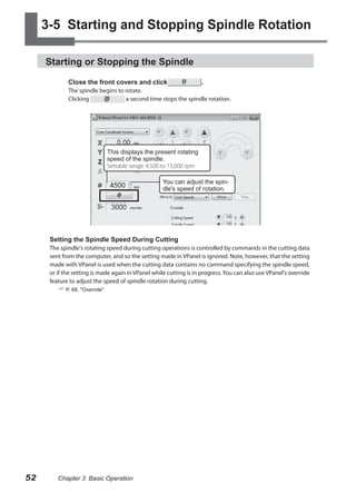 3-5 Starting and Stopping Spindle Rotation
Starting or Stopping the Spindle
Close the front covers and click

.

The spindle begins to rotate.
Clicking
a second time stops the spindle rotation.

This displays the present rotating
speed of the spindle.
Settable range: 4,500 to 15,000 rpm
You can adjust the spindle's speed of rotation.

Setting the Spindle Speed During Cutting

The spindle's rotating speed during cutting operations is controlled by commands in the cutting data
sent from the computer, and so the setting made in VPanel is ignored. Note, however, that the setting
made with VPanel is used when the cutting data contains no command specifying the spindle speed,
or if the setting is made again in VPanel while cutting is in progress. You can also use VPanel's override
feature to adjust the speed of spindle rotation during cutting.

 P. 68, "Override"

52

Chapter 3 Basic Operation

 