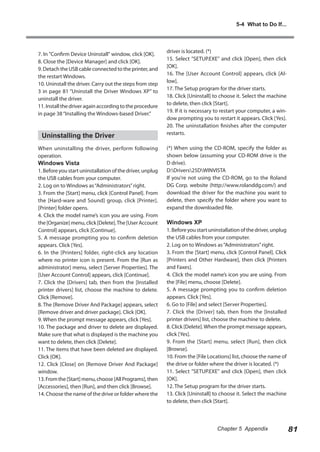 5-4 What to Do If...

7. In "Confirm Device Uninstall" window, click [OK].
8. Close the [Device Manager] and click [OK].
9. Detach the USB cable connected to the printer, and
the restart Windows.
10. Uninstall the driver. Carry out the steps from step
3 in page 81 “Uninstall the Driver Windows XP” to
uninstall the driver.
11. Install the driver again according to the procedure
in page 38 “Installing the Windows-based Driver.”

Uninstalling the Driver
When uninstalling the driver, perform following
operation.

Windows Vista

1. Before you start uninstallation of the driver, unplug
the USB cables from your computer.
2. Log on to Windows as “Administrators” right.
3. From the [Start] menu, click [Control Panel]. From
the [Hard-ware and Sound] group, click [Printer].
[Printer] folder opens.
4. Click the model name’s icon you are using. From
the [Organize] menu, click [Delete]. The [User Account
Control] appears, click [Continue].
5. A message prompting you to confirm deletion
appears. Click [Yes].
6. In the [Printers] folder, right-click any location
where no printer icon is present. From the [Run as
administrator] menu, select [Server Properties]. The
[User Account Control] appears, click [Continue].
7. Click the [Drivers] tab, then from the [Installed
printer drivers] list, choose the machine to delete.
Click [Remove].
8. The [Remove Driver And Package] appears, select
[Remove driver and driver package]. Click [OK].
9. When the prompt message appears, click [Yes].
10. The package and driver to delete are displayed.
Make sure that what is displayed is the machine you
want to delete, then click [Delete].
11. The items that have been deleted are displayed.
Click [OK].
12. Click [Close] on [Remove Driver And Package]
window.
13. From the [Start] menu, choose [All Programs], then
[Accessories], then [Run], and then click [Browse].
14. Choose the name of the drive or folder where the

driver is located. (*)
15. Select "SETUP.EXE" and click [Open], then click
[OK].
16. The [User Account Control] appears, click [Allow].
17. The Setup program for the driver starts.
18. Click [Uninstall] to choose it. Select the machine
to delete, then click [Start].
19. If it is necessary to restart your computer, a window prompting you to restart it appears. Click [Yes].
20. The uninstallation finishes after the computer
restarts.
(*) When using the CD-ROM, specify the folder as
shown below (assuming your CD-ROM drive is the
D drive).
D:Drivers25DWINVISTA
If you're not using the CD-ROM, go to the Roland
DG Corp. website (http://www.rolanddg.com/) and
download the driver for the machine you want to
delete, then specify the folder where you want to
expand the downloaded file.

Windows XP

1. Before you start uninstallation of the driver, unplug
the USB cables from your computer.
2. Log on to Windows as “Administrators” right.
3. From the [Start] menu, click [Control Panel]. Click
[Printers and Other Hardware], then click [Printers
and Faxes].
4. Click the model name’s icon you are using. From
the [File] menu, choose [Delete].
5. A message prompting you to confirm deletion
appears. Click [Yes].
6. Go to [File] and select [Server Properties].
7. Click the [Driver] tab, then from the [Installed
printer drivers] list, choose the machine to delete.
8. Click [Delete]. When the prompt message appears,
click [Yes].
9. From the [Start] menu, select [Run], then click
[Browse].
10. From the [File Locations] list, choose the name of
the drive or folder where the driver is located. (*)
11. Select "SETUP.EXE" and click [Open], then click
[OK].
12. The Setup program for the driver starts.
13. Click [Uninstall] to choose it. Select the machine
to delete, then click [Start].

Chapter 5 Appendix

81

 