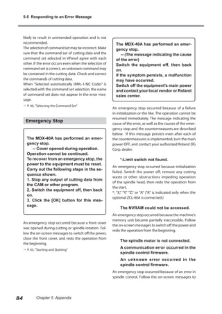 5-5 Responding to an Error Message

likely to result in unintended operation and is not
recommended.
The selection of command set may be incorrect. Make
sure that the command set of cutting data and the
command set selected in VPanel agree with each
other. If the error occurs even when the selection of
command set is correct, an unknown command may
be contained in the cutting data. Check and correct
the commands of cutting data.
When "Selected automatically (RML-1/NC Code)" is
selected with the command set selection, the name
of command set does not appear in the error message.
 P. 46, "Selecting the Command Set"

Emergency Stop
The MDX-40A has performed an emergency stop.
-- Cover opened during operation.
Operation cannot be continued.
To recover from an emergency stop, the
power to the equipment must be reset.
Carry out the following steps in the sequence shown.
1. Stop any output of cutting data from
the CAM or other program.
2. Switch the equipment off, then back
on.
3. Click the [OK] button for this message.

An emergency stop occurred because a front cover
was opened during cutting or spindle rotation. Follow the on-screen messages to switch off the power,
close the front cover, and redo the operation from
the beginning.
 P. 43, "Starting and Quitting"

The MDX-40A has performed an emergency stop.
-- (The message indicating the cause
of the error)
Switch the equipment off, then back
on.
If the symptom persists, a malfunction
may have occurred.
Switch off the equipment's main power
and contact your local vendor or Roland
sales center.
An emergency stop occurred because of a failure
in initialization or the like. The operation cannot be
resumed immediately. The message indicating the
cause of the error, as well as the causes of the emergency stop and the countermeasures are described
below. If this message persists even after each of
the countermeasures is implemented, turn the main
power OFF, and contact your authorized Roland DG
Corp. dealer.

*-Limit switch not found.
An emergency stop occurred because initialization
failed. Switch the power off, remove any cutting
waste or other obstructions impeding operation
of the spindle head, then redo the operation from
the start.
*: "X," "Y," "Z," or "A" ("A" is indicated only when the
optional ZCL-40A is connected.)

The NVRAM could not be accessed.
An emergency stop occurred because the machine's
memory unit became partially inaccessible. Follow
the on-screen messages to switch off the power and
redo the operation from the beginning.

The spindle motor is not connected.
A communication error occurred in the
spindle control firmware.
An unknown error occurred in the
spindle control firmware.
An emergency stop occurred because of an error in
spindle control. Follow the on-screen messages to

84

Chapter 5 Appendix

 
