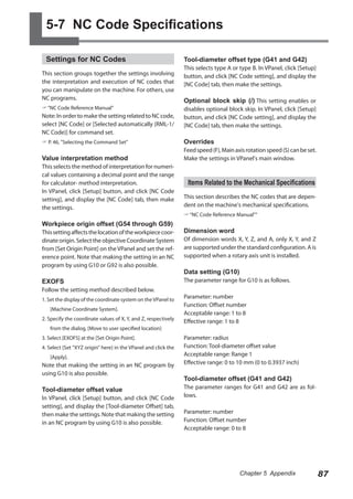 5-7 NC Code Specifications
Settings for NC Codes
This section groups together the settings involving
the interpretation and execution of NC codes that
you can manipulate on the machine. For others, use
NC programs.
 “NC Code Reference Manual"

Note: In order to make the setting related to NC code,
select [NC Code] or [Selected automatically (RML-1/
NC Code)] for command set.
 P. 46, "Selecting the Command Set"

Value interpretation method

This selects the method of interpretation for numerical values containing a decimal point and the range
for calculator- method interpretation.
In VPanel, click [Setup] button, and click [NC Code
setting], and display the [NC Code] tab, then make
the settings.

Tool-diameter offset type (G41 and G42)

This selects type A or type B. In VPanel, click [Setup]
button, and click [NC Code setting], and display the
[NC Code] tab, then make the settings.

Optional block skip (/) This setting enables or

disables optional block skip. In VPanel, click [Setup]
button, and click [NC Code setting], and display the
[NC Code] tab, then make the settings.

Overrides

Feed speed (F), Main axis rotation speed (S) can be set.
Make the settings in VPanel's main window.

Items Related to the Mechanical Specifications
This section describes the NC codes that are dependent on the machine's mechanical specifications.
 “NC Code Reference Manual"”

Workpiece origin offset (G54 through G59)

This setting affects the location of the workpiece coordinate origin. Select the objective Coordinate System
from [Set Origin Point] on the VPanel and set the reference point. Note that making the setting in an NC
program by using G10 or G92 is also possible.

Dimension word

EXOFS

The parameter range for G10 is as follows.

Follow the setting method described below.
1. Set the display of the coordinate system on the VPanel to
[Machine Coordinate System].
2. Specify the coordinate values of X, Y, and Z, respectively

Of dimension words X, Y, Z, and A, only X, Y, and Z
are supported under the standard configuration. A is
supported when a rotary axis unit is installed.

Data setting (G10)

Parameter: number
Function: Offset number
Acceptable range: 1 to 8
Effective range: 1 to 8

from the dialog, [Move to user specified location]
3. Select [EXOFS] at the [Set Origin Point].
4. Select [Set "XYZ origin" here] in the VPanel and click the
[Apply].

Note that making the setting in an NC program by
using G10 is also possible.

Tool-diameter offset value

In VPanel, click [Setup] button, and click [NC Code
setting], and display the [Tool-diameter Offset] tab,
then make the settings. Note that making the setting
in an NC program by using G10 is also possible.

Parameter: radius
Function: Tool-diameter offset value
Acceptable range: Range 1
Effective range: 0 to 10 mm (0 to 0.3937 inch)

Tool-diameter offset (G41 and G42)

The parameter ranges for G41 and G42 are as follows.
Parameter: number
Function: Offset number
Acceptable range: 0 to 8

Chapter 5 Appendix

87

 