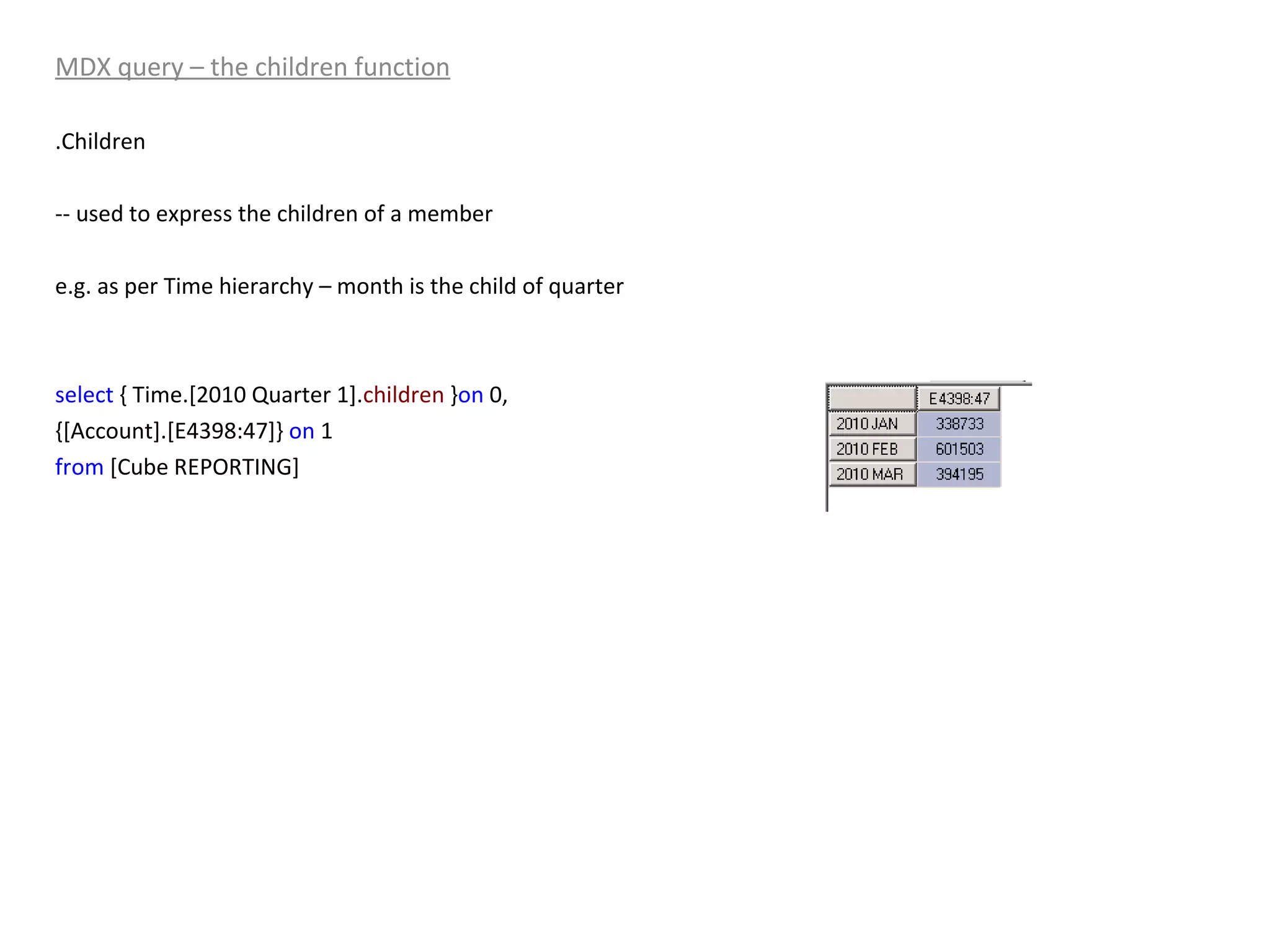 MDX query – the children function .Children -- used to express the children of a member  e.g. as per Time hierarchy – month is the child of quarter select  { Time.[2010 Quarter 1]. children  } on  0, {[Account].[E4398:47]}  on  1 from  [Cube REPORTING] 