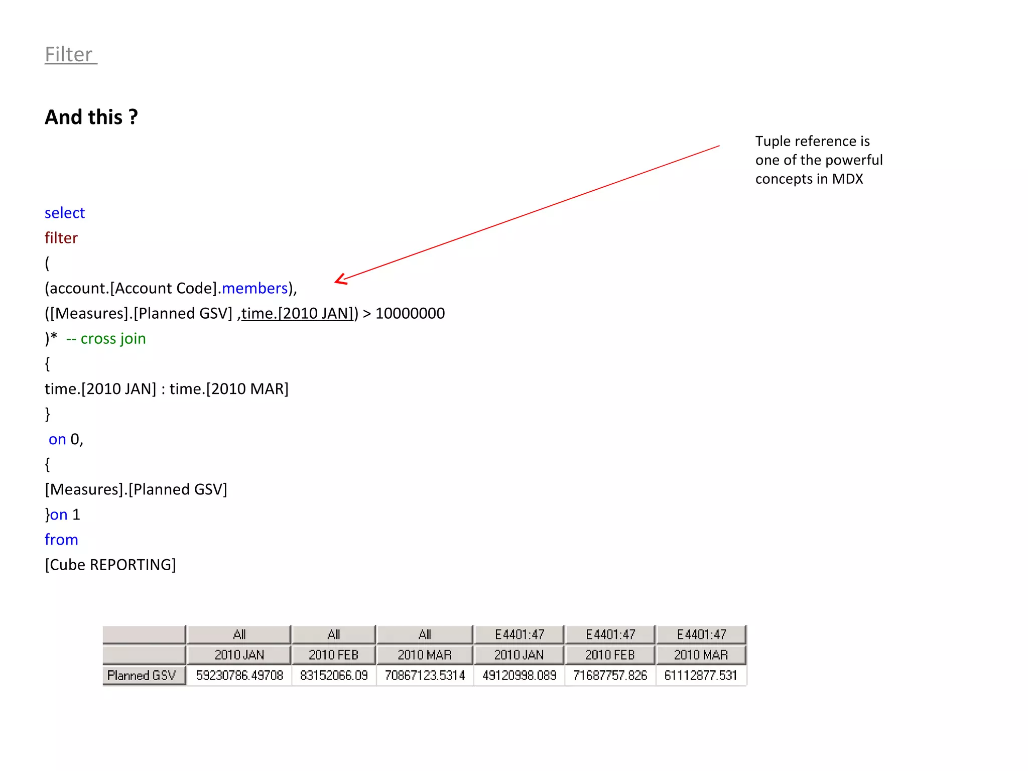 Filter  And this ? select   filter   ( (account.[Account Code]. members ), ([Measures].[Planned GSV] , time.[2010 JAN] ) > 10000000 )*  -- cross join  { time.[2010 JAN] : time.[2010 MAR]  } on  0, { [Measures].[Planned GSV]  } on  1 from   [Cube REPORTING] Tuple reference is one of the powerful concepts in MDX 