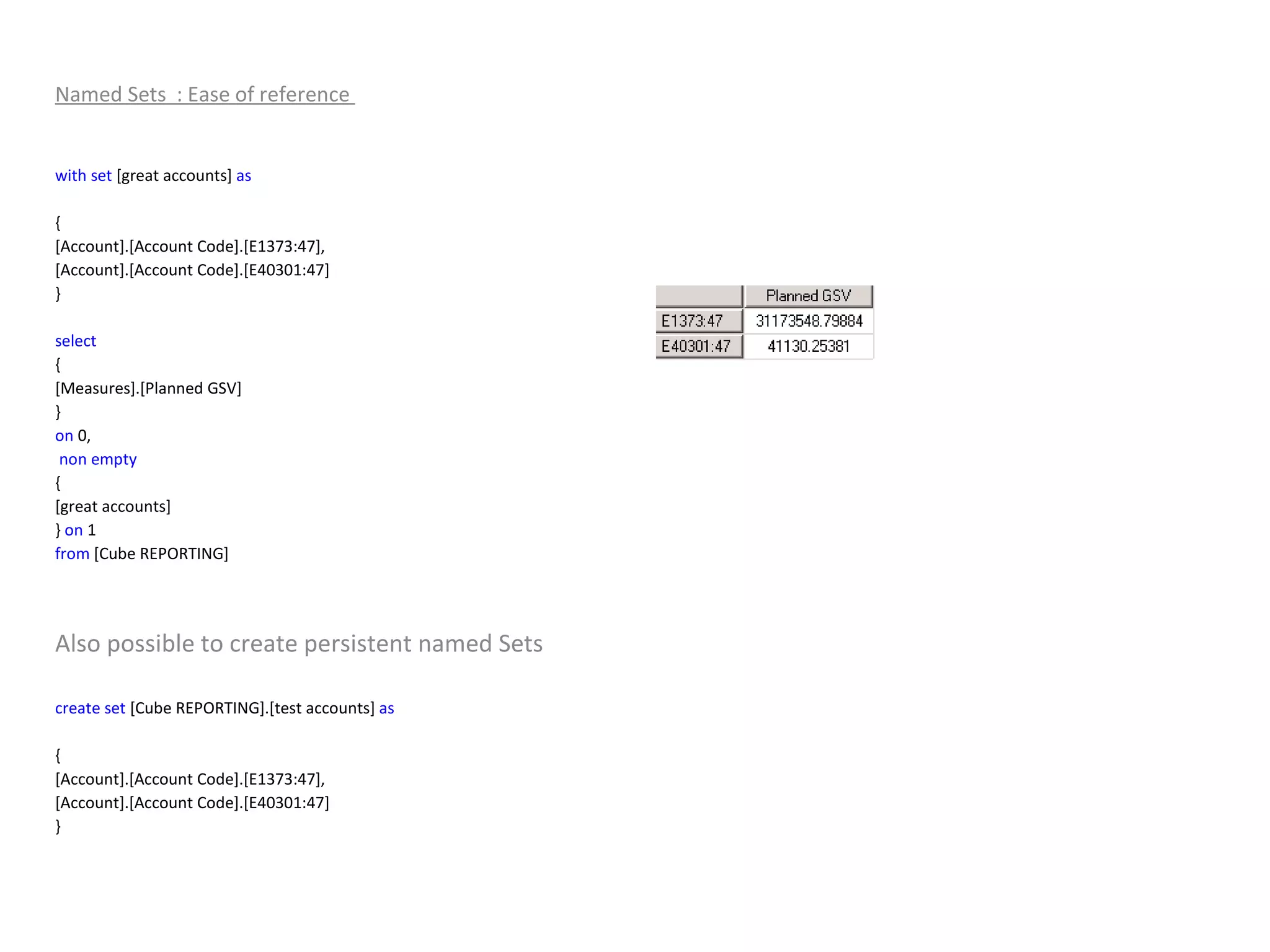 Named Sets  : Ease of reference  with   set  [great accounts]  as   { [Account].[Account Code].[E1373:47], [Account].[Account Code].[E40301:47] }  select { [Measures].[Planned GSV] } on  0, non   empty { [great accounts] }  on  1 from  [Cube REPORTING] Also possible to create persistent named Sets  create   set  [Cube REPORTING].[test accounts]  as   { [Account].[Account Code].[E1373:47], [Account].[Account Code].[E40301:47] }  
